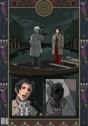 Rule 34 | 2boys, ace attorney, ascot, badge, bird, black hair, boat, building, bullet, commentary request, formal, full body, grey hair, gun, holding, holding gun, holding weapon, lake, long sleeves, male focus, metal detector, miles edgeworth, multiple boys, multiple views, night, open mouth, outdoors, pants, parrot, phoenix wright: ace attorney, polly (ace attorney), red pants, saginoko, short hair, spoilers, standing, suit, tree, watercraft, weapon, yanni yogi