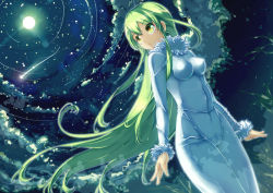 Rule 34 | 00s, 1girl, amber (darker than black), bad id, bad pixiv id, bodysuit, breasts, cameltoe, darker than black, forest, green hair, impossible clothes, impossible shirt, is ii, long hair, nature, night, shirt, sky, solo, star (symbol), very long hair, yellow eyes