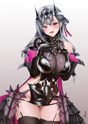 Rule 34 | 1girl, :d, black dress, black gloves, black ribbon, black thighhighs, blush, breasts, cleavage, clothing cutout, detached sleeves, diadem, dress, gloves, goddess of victory: nikke, grey hair, hair ribbon, hip armor, large breasts, long hair, looking at viewer, marian (nikke), modernia (nikke), modernia (second affection) (nikke), open mouth, purple ribbon, ramiki (ramesgoag), red eyes, ribbon, see-through, see-through cleavage, smile, solo, thighhighs, thighs