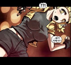 Rule 34 | 1girl, black pants, black shirt, black shorts, blonde hair, blush, breasts, covered erect nipples, female focus, geukji high, huh il, korean text, large breasts, letterboxed, open mouth, pants, shirt, shorts, solo, special martial arts extreme hell private high school, translation request, webtoon, yellow eyes