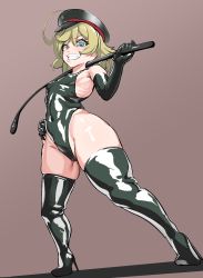 Rule 34 | 1girl, 9is, absurdres, blonde hair, blue eyes, boots, breasts, curvy, high heel boots, high heels, highleg, highleg leotard, highres, leotard, shiny clothes, shiny skin, small breasts, smug, tanya degurechaff, thick thighs, thighs, thong leotard, whip, wide hips, youjo senki