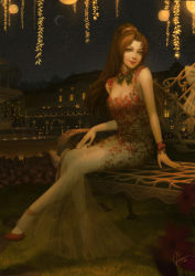 Rule 34 | 1girl, bench, breasts, brown hair, cleavage, crescent moon, dress, flower, fountain, grass, green eyes, highres, house, ina wong, jewelry, lantern, long hair, looking at viewer, medium breasts, moon, nail polish, night, outdoors, paper lantern, red footwear, red nails, ring, shoes, signature, sitting, sky, solo, star (sky), starry sky