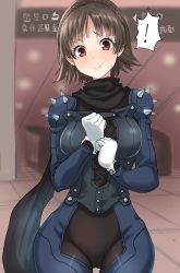 Rule 34 | 1girl, blush, bodysuit, braid, brown hair, crown braid, gloves, highres, kurosususu, looking at viewer, niijima makoto, persona, persona 5, red eyes, short hair, shoulder spikes, solo, spikes, thighs, white gloves, wide hips