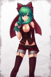 Rule 34 | 1girl, alternate costume, arm behind back, bare shoulders, belt, bow, breasts, cleavage, corset, eyeliner, eyeshadow, female focus, fingernails, frilled bow, frills, garter straps, green eyes, green hair, green nails, groin, hair ribbon, hater (hatater), highres, jewelry, kagiyama hina, large breasts, long hair, looking at viewer, makeup, matching hair/eyes, nail polish, navel, navel piercing, piercing, ribbon, ring, shorts, single sleeve, sleeveless, solo, thigh gap, thigh strap, thighhighs, touhou, white background