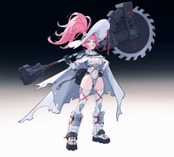 Rule 34 | 1girl, absurdres, black gloves, boots, cape, center opening, circular saw, fantasy, floating cape, gloves, gluteal fold, groin, hair through headwear, hand on own hip, highres, holding, holding weapon, huge weapon, knee boots, knee pads, leotard, long hair, looking at viewer, mechanical arms, original, pink eyes, pink hair, platform footwear, sandals, saw, science fiction, skindentation, smile, solo, thighhighs, thighhighs under boots, toeless footwear, topknot, weapon, wenfei ye, white cape, white headwear