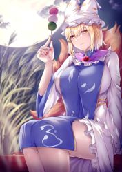 Rule 34 | 1girl, blonde hair, breasts, closed mouth, dango, dress, food, fox girl, fox tail, full moon, grass, hat, highres, holding, holding food, kitsune, large breasts, long sleeves, looking at viewer, mirufui, mob cap, moon, multiple tails, nail polish, outdoors, red nails, sanshoku dango, sitting, solo, tabard, tail, touhou, wagashi, white dress, white hat, wide sleeves, yakumo ran, yellow eyes