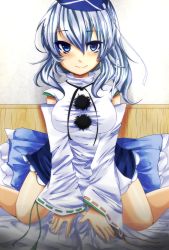 Rule 34 | 1girl, bad id, bad pixiv id, blue eyes, blue hair, blush, breasts, colorized, highres, jellylily, large breasts, looking at viewer, matching hair/eyes, mononobe no futo, smile, solo, touhou