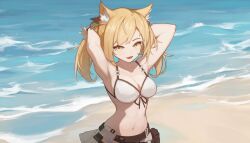 Rule 34 | 1girl, :d, absurdres, animal ears, arknights, armpits, arms behind head, arms up, beach, belt, bikini, black belt, blonde hair, breasts, cleavage, commentary request, fang, front-tie bikini top, front-tie top, highres, ivyelin, large breasts, long hair, looking at viewer, navel, ocean, official alternate costume, open mouth, smile, solo, sora (arknights), sora (summer flowers) (arknights), stomach, swimsuit, upper body, water, white bikini, wolf ears, yellow eyes