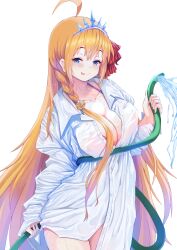 Rule 34 | 1girl, absurdres, ahoge, bikini, bikini under clothes, blue eyes, blush, braid, breasts, cleavage, collarbone, commentary request, dress shirt, hair ribbon, highres, hose, large breasts, long hair, looking at viewer, naughty face, orange hair, pecorine (princess connect!), princess connect!, rabenga, red bikini, red ribbon, ribbon, shirt, side braid, simple background, smile, solo, swimsuit, tiara, tongue, tongue out, very long hair, water, wet, wet clothes, wet shirt, white background, white shirt