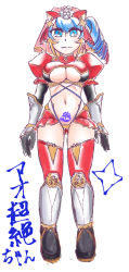 Rule 34 | 1girl, :3, animal ears, animal hair ornament, ao ninger, ao ninger chouzetsu, black footwear, black gloves, blonde hair, blue eyes, blue hair, blush, boots, breasts, cat ears, cleavage, cleavage cutout, clothing cutout, drill hair, fake animal ears, gloves, grey armor, grey footwear, highres, large breasts, lion hair ornament, long hair, looking at viewer, armored boots, midriff, multicolored hair, navel, panties, personification, ponytail, puffy sleeves, red panties, red shirt, red skirt, red thighhighs, shirt, short sleeves, shuriken hair ornament, shuriken sentai ninninger, side ponytail, skirt, smile, standing, star (symbol), stomach tattoo, super sentai, tattoo, thighhighs, two-tone hair, underwear, veil, white background
