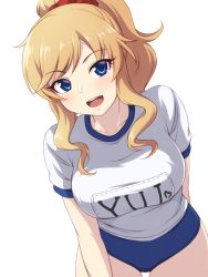 Rule 34 | 1girl, alternate costume, arm behind back, blonde hair, blue eyes, blush, breasts, buruma, character name, collarbone, commentary request, cowboy shot, hair ornament, hair scrunchie, heart, idolmaster, idolmaster cinderella girls, large breasts, leaning forward, long hair, looking at viewer, ohtsuki yui, open mouth, pataneet, red scrunchie, scrunchie, shirt, short sleeves, simple background, smile, solo, teeth, upper teeth only, wavy hair, white background, white shirt