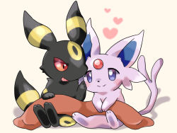 Rule 34 | blush, chibi, closed mouth, commentary request, creatures (company), espeon, fang, forehead jewel, game freak, gen 2 pokemon, heart, kana (maple926), nintendo, no humans, pokemon, pokemon (creature), purple eyes, red hair, shadow, simple background, sitting, skin fang, smile, split mouth, toes, umbreon, white background