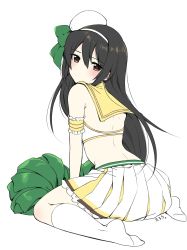 Rule 34 | 1girl, armband, artist name, back, bad id, bad twitter id, beret, black hair, blush, bow, brown eyes, cheerleader, closed mouth, commentary, crop top, frilled armband, frilled skirt, frills, from behind, full body, girls und panzer, green bow, hairband, hat, hat bow, highres, holding, holding pom poms, kneehighs, long hair, looking at viewer, looking back, mini hat, miniskirt, pleated skirt, pom pom (cheerleading), pom poms, reizei mako, sailor collar, signature, simple background, skirt, socks, solo, tarou (komekueyo), tilted headwear, white background, white hairband, white skirt, white socks