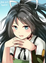 Rule 34 | 10s, 1girl, 2016, aqua eyes, asymmetrical clothes, black hair, blush, commentary request, dated, detached collar, gendou pose, gradient background, hair between eyes, hands clasped, highres, kamelie, kantai collection, katsuragi (kancolle), long hair, looking at viewer, one-hour drawing challenge, open mouth, own hands clasped, own hands together, ponytail, remodel (kantai collection), single sleeve, solo, twitter username, upper body