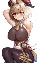 Rule 34 | 1girl, ahoge, arcueid brunestud, armpits, arms behind head, blonde hair, blush, bodysuit, breasts, brown bodysuit, commentary request, cosplay, ganyu (genshin impact), ganyu (genshin impact) (cosplay), genshin impact, goat horns, highres, horns, large breasts, looking at viewer, nipples, red eyes, see-through, simple background, solo, squatting, suou-sensei, tsukihime, white background