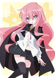 Rule 34 | 1girl, black cape, black skirt, black thighhighs, blush, border, bright pupils, cape, chestnut mouth, collared shirt, commentary, feet out of frame, flipped hair, hair between eyes, hand on own hip, ixy, long hair, long sleeves, looking at viewer, louise francoise le blanc de la valliere, midriff peek, miniskirt, navel, open mouth, outside border, pink eyes, pink hair, pleated skirt, shirt, sidelocks, simple background, skindentation, skirt, solo, standing, thighhighs, untucked shirt, very long hair, white border, white pupils, white shirt, zero no tsukaima, zettai ryouiki