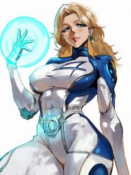 1girl belt bion_(insomn_bion) blonde_hair bodysuit breasts earrings female_focus highres hoop_earrings jewelry large_breasts marvel marvel_rivals simple_background sue_storm thick_thighs thighs white_background white_bodysuit