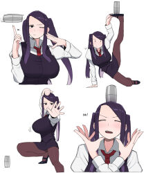 Rule 34 | 1girl, alternate breast size, balancing on head, bartender, breasts, cocktail shaker, highres, jill stingray, large breasts, long hair, long sleeves, necktie, object on head, ohasi, on head, pantyhose, purple hair, red eyes, red necktie, shirt, skirt, solo, swept bangs, twintails, va-11 hall-a, vest, white background, white shirt