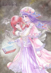 Rule 34 | 2girls, bad id, bad pixiv id, blunt bangs, book, bow, bowtie, capelet, cloak, demon wings, dress, embellished costume, floating, floating object, grey background, hair ribbon, hat, hat ribbon, head wings, hug, koakuma, long hair, multiple girls, nail polish, open book, open mouth, painting (medium), parted lips, patchouli knowledge, purple eyes, purple hair, red eyes, red hair, ribbon, sample watermark, see-through, sitting, striped clothes, striped dress, touhou, traditional media, tress ribbon, vertical stripes, wacolor, watercolor (medium), watermark, wide sleeves, wind, wings