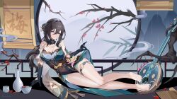 Rule 34 | 1girl, absurdres, aqua dress, bare legs, bare shoulders, barefoot, black hair, blue eyes, breasts, cleavage, clothing cutout, commentary request, dress, hair intakes, highres, honkai: star rail, honkai (series), large breasts, long hair, looking at viewer, ruan mei (honkai: star rail), saunt8888, shoulder cutout, smile, solo, thigh strap, thighs
