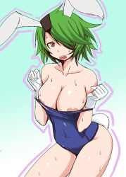 Rule 34 | 1girl, animal ears, areola slip, badhand, breasts, cleavage, gloves, green hair, highres, large breasts, looking at viewer, old school swimsuit, one-piece swimsuit, open mouth, otonashi kiruko, playboy bunny swimsuit, rabbit ears, rabbit tail, school swimsuit, shinmai fukei kiruko-san, short hair, solo, swimsuit, tail