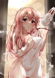 Rule 34 | 1girl, :o, absurdres, after bathing, breasts, covering privates, cowboy shot, fox mask, hata no kokoro, highres, hira-san, indoors, large breasts, long hair, looking at viewer, mask, naked towel, nude cover, pink eyes, pink hair, solo, touhou, towel, wet, wet hair