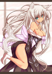 Rule 34 | 1girl, animal ears, aqua eyes, ass, bad id, bad pixiv id, bare legs, bare shoulders, blush, bow, breasts, cleavage, fox ears, fox tail, green eyes, highres, japanese clothes, kimono, large bow, large breasts, letterboxed, long hair, looking at viewer, markings, off shoulder, original, shugami, side slit, sidelocks, solo, tail, tattoo, twintails, very long hair, white hair