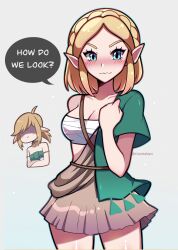 Rule 34 | 1boy, 1girl, absurdres, archaic set (zelda), artist name, blonde hair, blue eyes, blush, braid, cosplay, costume switch, crown braid, english text, faceless, faceless male, highres, link, link (cosplay), looking at viewer, nintendo, pointy ears, princess zelda, princess zelda (cosplay), short hair, single bare shoulder, speech bubble, strapless, the legend of zelda, the legend of zelda: tears of the kingdom, touyarokii, white background