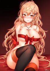 Rule 34 | 1girl, :q, armpit crease, black thighhighs, blush, body writing, bound, bow, breasts, brown hair, character name, cleavage, collarbone, commentary request, cross, cross necklace, curvy, girls&#039; frontline, hair between eyes, hair ornament, hairclip, hat, highres, jewelry, knee up, large breasts, long hair, looking at viewer, m37 (girls&#039; frontline), messy hair, naked ribbon, necklace, nude, orange eyes, red bow, red ribbon, ribbon, ribbon bondage, sidelocks, signature, sitting, skindentation, smile, solo, thighhighs, thighs, tongue, tongue out, very long hair, zerocat