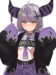Rule 34 | 1girl, absurdres, ahoge, belt, black belt, black jacket, blush, character name, choker, closed mouth, clothes writing, cowlick, crescent, crescent hair ornament, crop top, cropped shirt, cross hair ornament, demon horns, earrings, grey hair, hair ornament, highres, hololive, horns, jacket, jewelry, la+ darknesss, la+ darknesss (casual), looking at viewer, midriff, multicolored hair, nagiushi, necktie, official alternate costume, plaid, plaid skirt, pointy ears, print jacket, purple choker, purple hair, purple horns, purple necktie, purple skirt, short hair, simple background, skirt, solo, star (symbol), star hair ornament, streaked hair, two-tone hair, virtual youtuber, white background, yellow eyes
