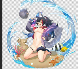 Rule 34 | 1girl, :d, animal ear fluff, animal ears, azur lane, bare legs, black hair, breasts, cleavage, fish, hair ornament, hairclip, hand up, holding, hololive, jacket, kneeling, long hair, lowres, miochun, navel, nipples, nude filter, ookami mio, open clothes, open jacket, open mouth, pussy, smile, third-party edit, virtual youtuber, wolf ears, yellow eyes