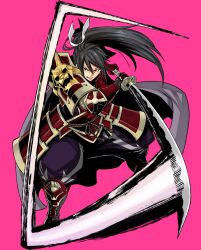 Rule 34 | 1boy, armor, black hair, brown eyes, full body, gate of nightmares, highres, holding, holding sword, holding weapon, japanese armor, katana, long hair, looking at viewer, male focus, mashima hiro, official art, ponytail, ranmaru (gate of nightmares), red armor, solo, sword, transparent background, weapon