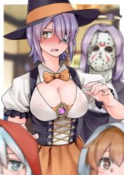 Rule 34 | 4girls, absurdres, alternate costume, blurry, blurry background, blurry foreground, blush, breasts, brown hair, cleavage, closed eyes, eyepatch, gem, halloween, halloween costume, halo, hat, hibiki (kancolle), highres, hood, hood up, inazuma (kancolle), kantai collection, large breasts, mask, mechanical halo, multiple girls, nose blush, open mouth, puffy short sleeves, puffy sleeves, purple hair, short hair, short sleeves, silver hair, sweat, tadd (tatd), tatsuta (kancolle), tenryuu (kancolle), witch hat