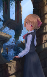 Rule 34 | 1girl, ascot, black skirt, black vest, blonde hair, commentary request, feet out of frame, from behind, hair between eyes, hair ribbon, highres, long sleeves, looking at viewer, looking back, plant, red ascot, red eyes, red ribbon, ribbon, roke (taikodon), rumia, shirt, short hair, skirt, smile, solo, standing, stone wall, touhou, vest, wall, water, white shirt, wing collar