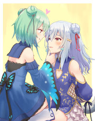 Rule 34 | 1boy, 1girl, absurdres, arm up, arms behind back, bare shoulders, blue dress, blush, bound, bound wrists, china dress, chinese clothes, commentary, detached sleeves, double bun, dress, eye contact, from behind, green hair, hair bun, hair ribbon, hand on another&#039;s chin, heart, hetero, highres, hololive, inuyama tamaki, jtleeklm, long hair, long sleeves, looking at another, mixed-language commentary, noripro, parted lips, pink skirt, red eyes, ribbon, short hair, sideways mouth, silver hair, simple background, sitting, sitting on person, skirt, strapless, strapless dress, symbol-only commentary, tail, teeth, trap, upper teeth only, uruha rushia, uruha rushia (1st costume), virtual youtuber, wide sleeves, yellow background