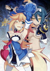 Rule 34 | 2girls, ahoge, arms up, attouteki yuugi mugen souls, attouteki yuugi mugen souls z, between breasts, blonde hair, blue hair, blush, bound, breasts, cleavage, detached sleeves, fingerless gloves, fins, gloves, hair between eyes, head fins, highres, long hair, multiple girls, nanameda kei, navel, necktie, non-web source, official art, one eye closed, open mouth, shilma (mugen souls), skirt, supra, tears, thighhighs, tied up (nonsexual), very long hair, white legwear, wire, yellow eyes