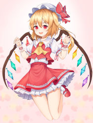 Rule 34 | 1girl, :d, absurdres, ascot, bad id, bad pixiv id, blonde hair, bonnet, bow, dress shirt, flandre scarlet, full body, hair between eyes, hat, hat bow, highres, lebring, legs up, mary janes, miniskirt, open mouth, pink background, pleated skirt, red bow, red eyes, red footwear, red ribbon, red skirt, ribbon, shirt, shoes, short hair with long locks, short sleeves, side ponytail, skirt, smile, socks, solo, touhou, white hat, white shirt, white skirt, white socks, wings, wrist cuffs, yellow ascot