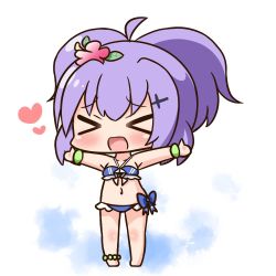 Rule 34 | &gt; &lt;, 1girl, :d, ahoge, azur lane, bare legs, bare shoulders, barefoot, bikini, blue bikini, blush, chibi, closed eyes, collarbone, commentary request, facing viewer, flower, hair between eyes, hair flower, hair ornament, halterneck, hana kazari, heart, javelin (azur lane), javelin (beach picnic!) (azur lane), navel, open mouth, outstretched arms, purple hair, red flower, short sleeves, smile, spread arms, standing, swimsuit, white background, xd