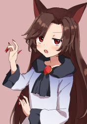 Rule 34 | 144udy, 1girl, absurdres, animal ears, blush, brown background, brown hair, dress, fang, fingernails, highres, imaizumi kagerou, long fingernails, long hair, long sleeves, looking at viewer, nail polish, open mouth, red eyes, red nails, sharp fingernails, simple background, solo, touhou, upper body, white dress, wide sleeves, wolf ears