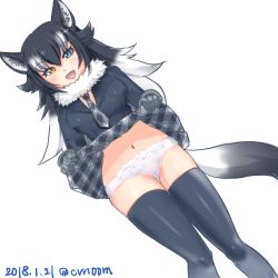 Rule 34 | 10s, 1girl, 2018, :d, animal ears, black hair, blue eyes, blue jacket, blue thighhighs, blush, breast pocket, breasts, clothes lift, commentary request, dated, dot nose, dutch angle, eyebrows, facing viewer, gloves, gradient hair, grey gloves, grey necktie, grey skirt, grey wolf (kemono friends), hair between eyes, hair flaps, heterochromia, jacket, kemono friends, lifting own clothes, long hair, long sleeves, looking at viewer, medium breasts, miniskirt, multicolored hair, navel, necktie, open mouth, orange eyes, panties, plaid, plaid necktie, plaid neckwear, plaid skirt, pocket, shiyo (cvn00m), simple background, skirt, skirt lift, smile, solo, stomach, tail, thighhighs, tongue, tsurime, twitter username, two-tone hair, underwear, white background, white hair, white panties, wolf ears, wolf tail, zettai ryouiki