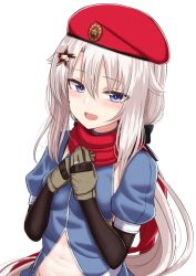 Rule 34 | 1girl, 9a-91 (girls&#039; frontline), beret, blue eyes, blush, brown gloves, girls&#039; frontline, gloves, hair between eyes, hair ornament, hair ribbon, hands on own chest, hat, highres, long hair, navel, open mouth, red hat, red scarf, ribbon, scarf, sidelocks, silver hair, simple background, solo, star (symbol), star hair ornament, white background, yakob labo