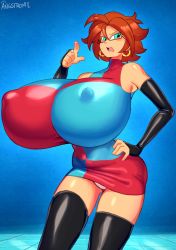 Rule 34 | 1girl, absurdres, alternate hairstyle, android 21, angstrom, black sleeves, black thighhighs, blue eyes, breasts, checkered clothes, checkered dress, covered erect nipples, detached sleeves, dragon ball, dragon ball fighterz, dress, gigantic breasts, glasses, hair between eyes, highres, long hair, looking at viewer, open mouth, pointing, pointing at viewer, red hair, short hair, solo, thighhighs