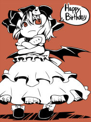 Rule 34 | 1girl, crossed arms, female focus, happy birthday, lock heart (juuryokudou), monochrome, red background, remilia scarlet, simple background, solo, touhou, wings