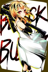 Rule 34 | 1girl, agetama, bare shoulders, black bullet, blonde hair, blush, closed mouth, cowboy shot, detached sleeves, dress, from side, green ribbon, gun, hair ribbon, highres, holding, holding gun, holding weapon, long hair, long sleeves, looking at viewer, looking to the side, red eyes, ribbon, rifle, smile, sniper rifle, solo, tina sprout, tress ribbon, weapon, white dress