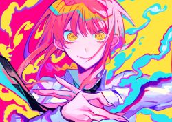 Rule 34 | 1girl, black necktie, chainsaw man, collared shirt, crazy eyes, fingernails, highres, himanemuitoma, long fingers, long sleeves, looking at viewer, makima (chainsaw man), necktie, own hands together, red hair, sharp fingernails, shirt, white shirt, yellow background, yellow eyes