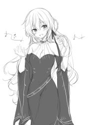 Rule 34 | 1girl, bare shoulders, beamed eighth notes, black dress, blush, commentary, cowboy shot, detached sleeves, dress, eighth note, greyscale, hand up, long hair, looking at viewer, megurine luka, miku symphony (vocaloid), monochrome, music, musical note, open mouth, quarter note, singing, sketch, sleeveless, sleeveless dress, smile, solo, sudachi (calendar), very long hair, vocaloid, wide sleeves