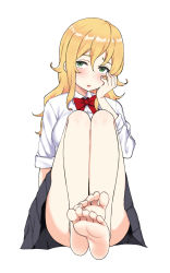 Rule 34 | 1girl, blonde hair, blush, feet, foot focus, green eyes, hand on own face, highres, long hair, looking at viewer, original, satou (su9arsatou), simple background, skirt, soles, solo, toes, white background