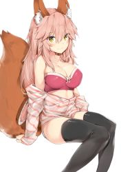 Rule 34 | 10s, 1girl, animal ear fluff, animal ears, bare shoulders, black thighhighs, blush, bow, bow bra, bra, breasts, cleavage, closed mouth, collarbone, fate/extra, fate (series), fox ears, fox tail, hair between eyes, hair down, highres, hood, knees together feet apart, large breasts, long hair, looking at viewer, official alternate costume, pink bra, silver (chenwen), simple background, sitting, smile, solo, strapless, strapless bra, tail, tamamo (fate), tamamo no mae (fate/extra), tamamo no mae (spring casual) (fate), thighhighs, underwear, white background, yellow eyes