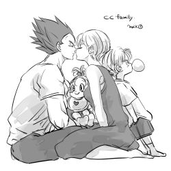 Rule 34 | 2boys, 2girls, artist name, baby, black hair, bra (dragon ball), brother and sister, bulma, chewing gum, child, dragon ball, dragonball z, family, father and daughter, father and son, greyscale, hand in pocket, imminent kiss, leaning on person, miiko (drops7), monochrome, mother and daughter, mother and son, multiple boys, multiple girls, seiza, short hair, shorts, siblings, simple background, sitting, smile, socks, trunks (dragon ball), vegeta, white background