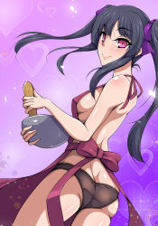 Rule 34 | 1girl, aimo (aimo1214), apron, ass, black hair, black panties, blunt bangs, blush, breasts, from behind, highres, long hair, looking at viewer, looking back, naked apron, nearly naked apron, panties, pink eyes, senki zesshou symphogear, sideboob, smile, solo, standing, tsukuyomi shirabe, twintails, underwear